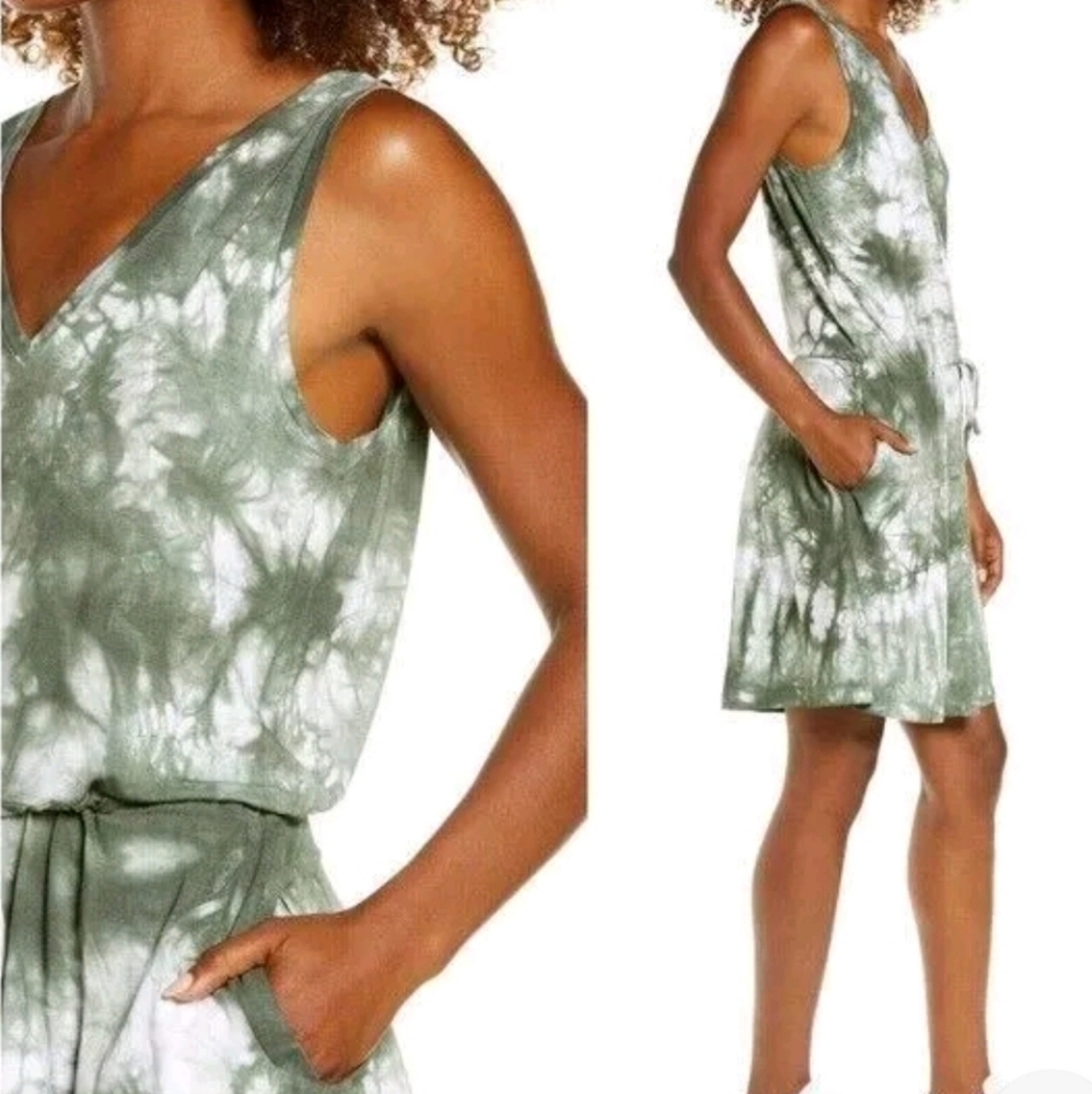 Sweaty Betty Take It Easy Lounge Romper  Dress Green Tie Dye Drop Waist